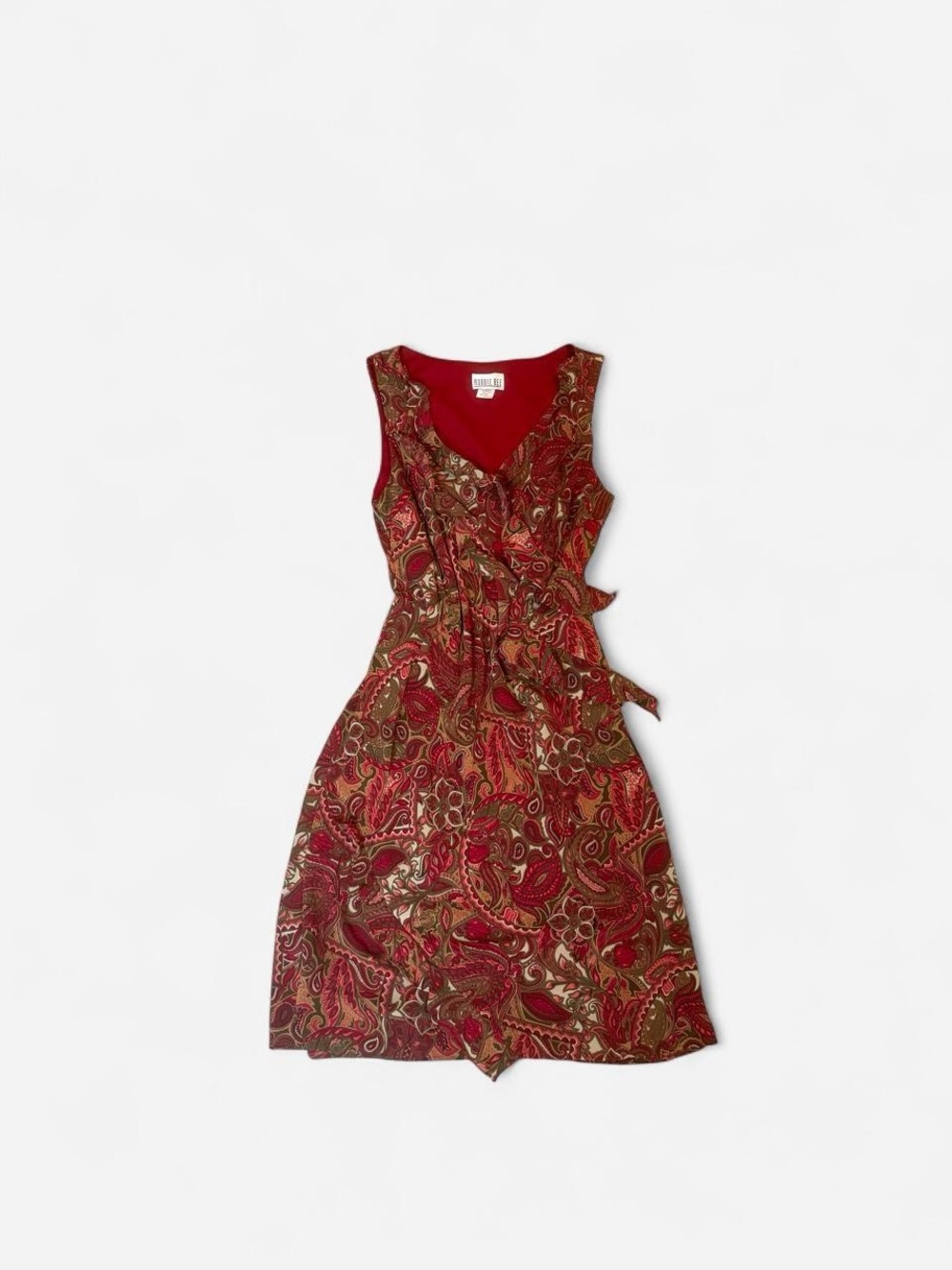 Robbie Bee Red Paisley Wrap Dress with Brown Accents